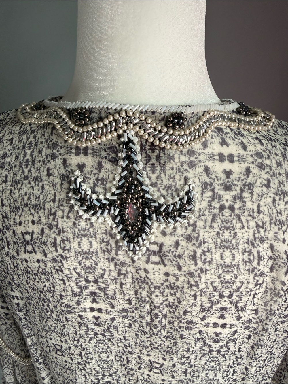 TAJ by Sabrina Crippa Top Silk Tie-Neck Women's Boho Blouse Beaded Grey Black